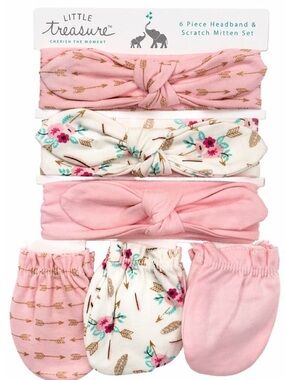 Baby Girl Headband & Scratch Mitten Set 6pc | Pink Floral | 0–6M | New